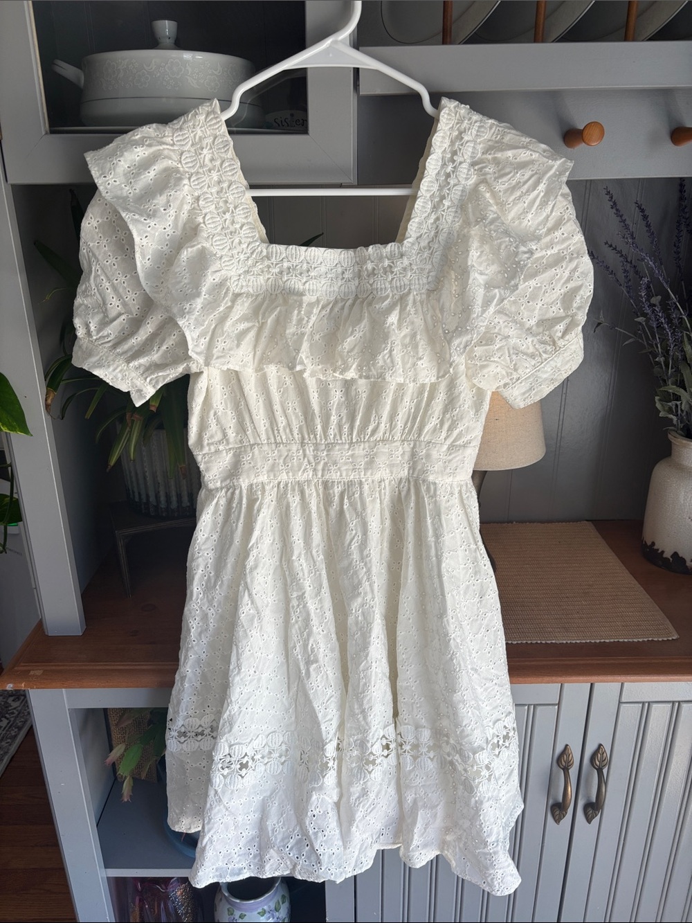 White Eyelet Puff-Sleeve Smocked Waist Dress